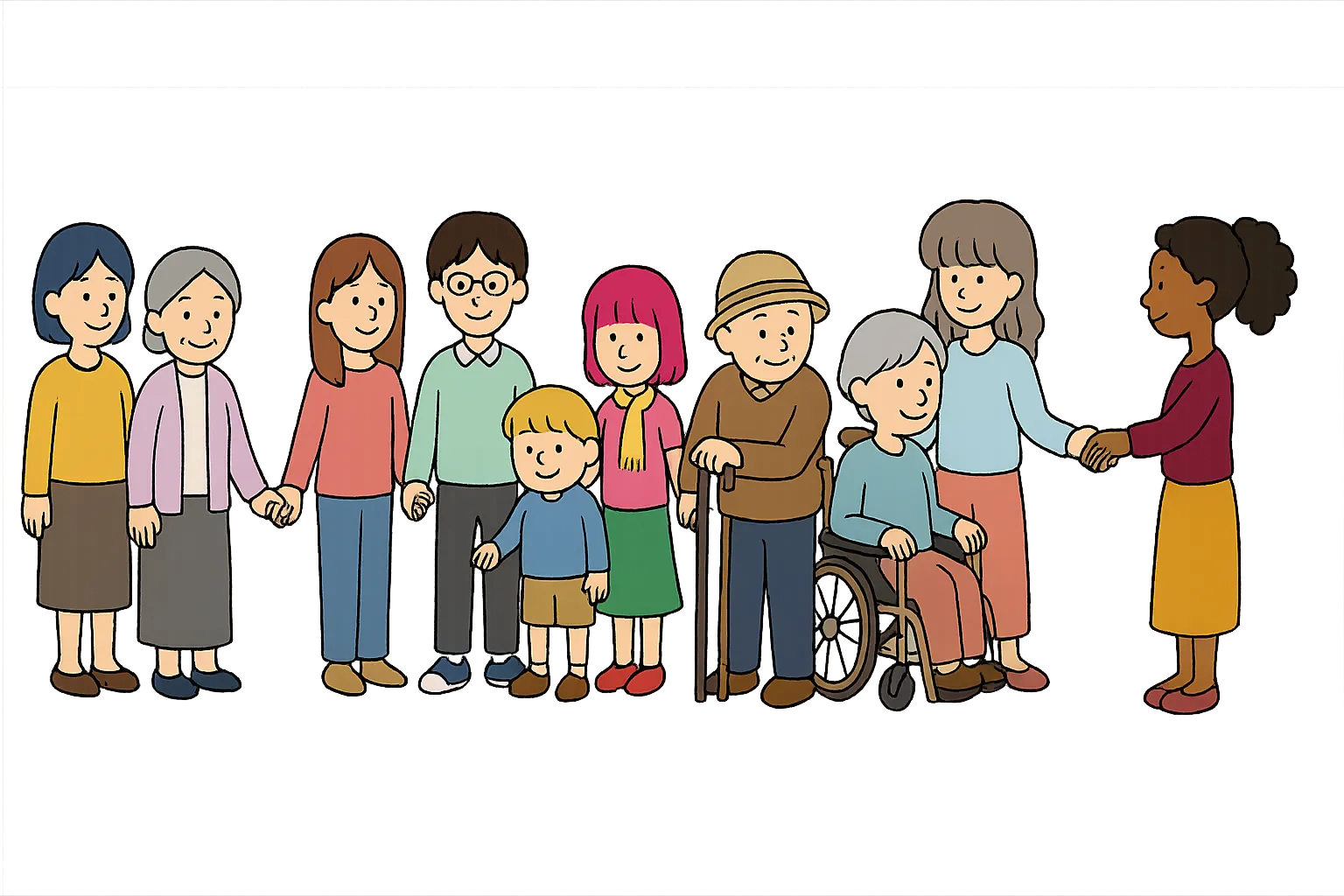 手をつないで並ぶ、子どもから高齢の方まで、車いすや杖を使う方を含むさまざまな人たちのイラスト