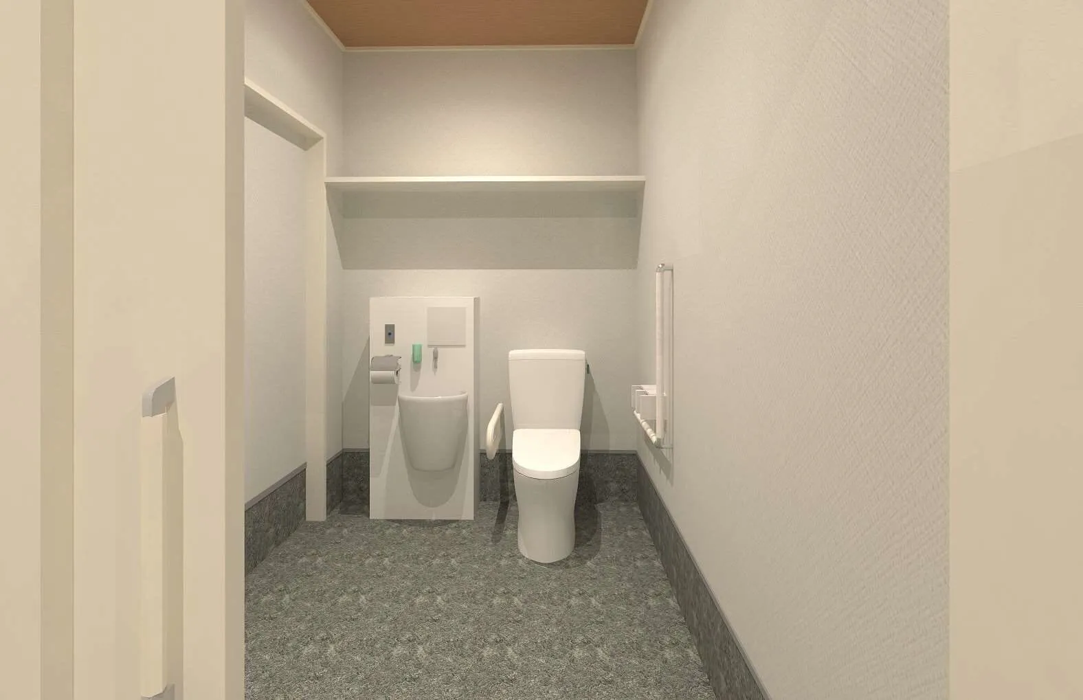 多目的トイレの完成予想図。手すりと洗面台を備えた広めのトイレ